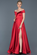 Kırmızı Uzun Kayık Yaka Saten Nişan Elbisesi ABU862