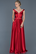 Kırmızı Kemer Detaylı Saten Nişan Elbisesi ABU865