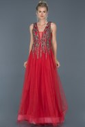 Kırmızı Uzun Taş İşlemeli Abiye Elbise ABU1070