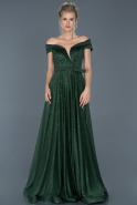 Zümrüt Yeşili Uzun Kayık Yaka Kemerli Nişan Elbisesi ABU879