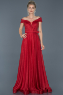 Kırmızı Uzun Kayık Yaka Kemerli Nişan Elbisesi ABU879