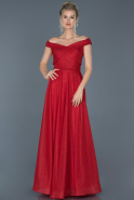 Kırmızı Uzun Simli Kayık Yaka Abiye Elbise ABU880