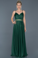 Zümrüt Yeşili Uzun Kruvaze Yaka Tül Detaylı Mezuniyet Elbisesi ABU884