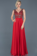 Kırmızı Uzun Taş İşlemeli Nişan Elbisesi ABU887