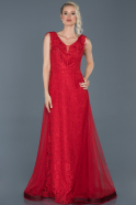 Kırmızı Uzun Güpürlü Tül Detaylı Abiye Elbise ABU909