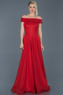 Kırmızı Uzun Kayık Yaka Simli Abiye Elbise ABU918