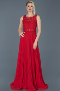 Kırmızı Uzun Şifon İşlemeli Abiye Elbise ABU924