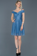 Mavi Kısa Kayık Yaka Simli Mezuniyet Elbisesi ABK520