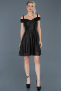 Siyah Kısa Kayık Yaka Simli Mezuniyet Elbisesi ABK520