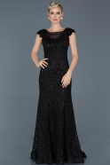 Siyah Uzun Güpürlü Taş İşlemeli Nişan Elbisesi ABU940
