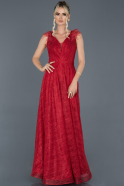 Kırmızı Uzun Otriş Detaylı Şifon Abiye Elbise ABU922