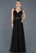Siyah Uzun Otrişli Tül Detaylı Mezuniyet Elbisesi ABU883