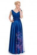 Uzun Saks Mavi Desenli Abiye ST5253