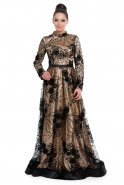 Siyah-Gold Tesettür Abiye Elbise F8076