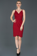 Kırmızı Kısa Simli İp Askılı Davet Elbisesi ABK617