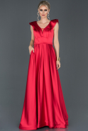 Kırmızı Uzun Saten Nişan Elbisesi ABU956