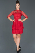 Kırmızı Kısa Güpürlü Davet Elbisesi ABK639