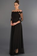Uzun Siyah Omuz Dekolteli Tüllü Elbise ABU260