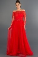 Kırmızı Dantelli Uzun Kollu Abiye Elbise ABU1060