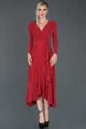 Kırmızı Uzun Kruvaze Yaka Simli Davet Elbisesi ABU997