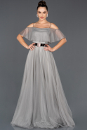 Gümüş Uzun İp Askılı Prenses Model Nişan Elbisesi ABU1018