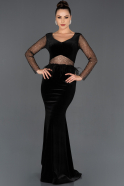 Siyah Uzun Transparan Detaylı Kadife Nişan Elbisesi ABU1022