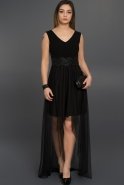 Uzun Siyah V Yaka Tüllü Elbise AR36822