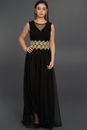 Uzun Siyah-Gold Simli Dekoltesiz Elbise AR36824