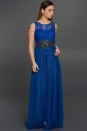Uzun Saks Mavi Dantelli Dekoltesiz Elbise AR36831