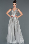 Gri Taş İşlemeli Prenses Model Abiye Elbise ABU1104