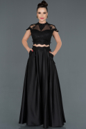 Siyah İki Parça Güpürlü Saten Nişan Elbisesi ABU1108