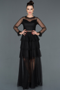 Siyah Transparan Uzun Kollu Tül Abiye Elbise ABU1114