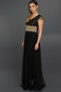 Uzun Siyah-Gold Karpuz Kol Dekoltesiz Elbise AR36836