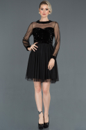 Siyah Kısa Transparan Detaylı Payetli Kadife Elbise ABK729