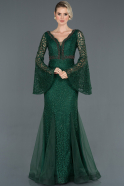 Zümrüt Yeşili Uzun İspanyol Kol Sim Detaylı Güpürlü Abiye Elbise ABU1128