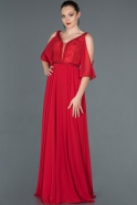 Kırmızı Güpürlü Taş İşlemeli Şifon Abiye Elbise ABU1152