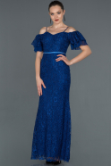Saks Mavi Uzun Güpürlü Kol Detaylı Abiye Elbise ABU1156