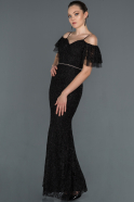 Siyah Uzun Güpürlü Kol Detaylı Abiye Elbise ABU1156