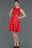 Kırmızı Kısa Güpür Detaylı Saten Abiye Elbise ABK750