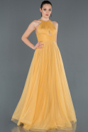 Sarı Uzun Kolsuz Prenses Abiye Elbise ABU1160