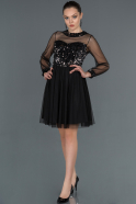 Siyah-Gümüş Kısa Transparan Detaylı Payetli Kadife Elbise ABK729