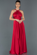 Kırmızı Uzun Göğüs Detaylı Abiye Elbise ABU1173