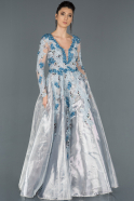 Mavi Uzun Taş İşlemeli Özel Tasarım Abiye Elbise ABU851