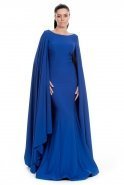 Uzun Saks Mavi Abiye Elbise C7069