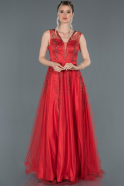 Kırmızı Taş İşlemeli Transparan Detaylı Abiye Elbise ABU1183