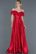 Kırmızı Uzun Güpür Detaylı Saten Abiye Elbise ABU1185