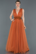 Orange Uzun Göğüs Dekolteli Tül Abiye Elbise ABU950