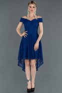 Saks Mavi Önü Kısa Arkası Uzun Kayık Yaka Mezuniyet Elbisesi ABO018