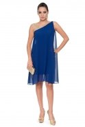 Kısa Saks Mavi Tül Detaylı Elbise AN3060