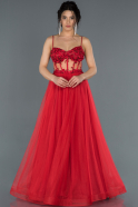 Kırmızı Transparan Gül Detaylı Abiye Elbise ABU1256